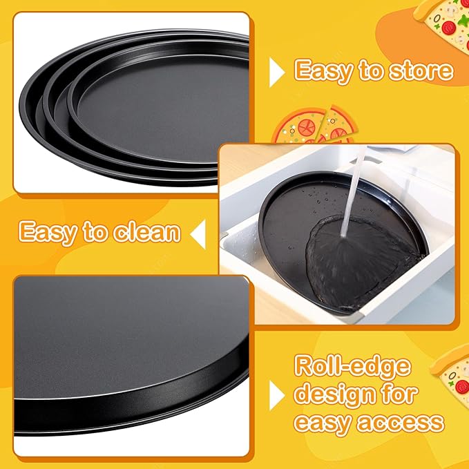 Teenyyou Pizza Pans 10.23/11.4/12.1 Inches Set of 3 Black Stainless Steel Non Stick Pizza Baking Pans Tray Round Serving Plate for Pie Cookie Cake Baking Grilling