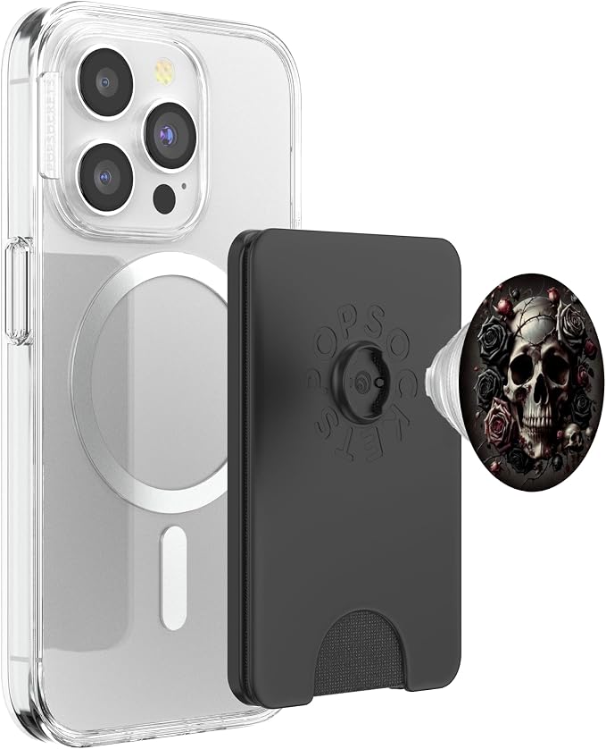 Skull and Roses Floral Black Dark Goth Horror Skull PopSockets PopGrip for MagSafe
