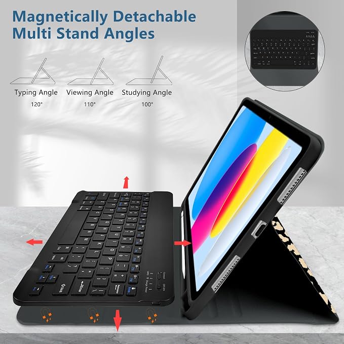 for Bluetooth Keyboard for iPad 10th Gen 10.9 inch (2022) case (A16) 11th / 10th Gen Case 11'' (2025) with 7-Color Backlights Pencil Holder Detachable Rechargeable - Black Cow
