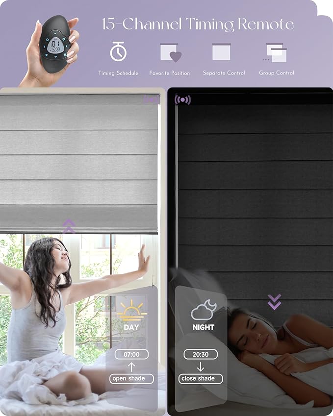 Graywind Smart Roman Shades 60% Blackout Compatible with Alexa Google Rechargeable Motorized Blinds Remote Plain Fold, Custom Size (Light Filtering Matelasse Grey)