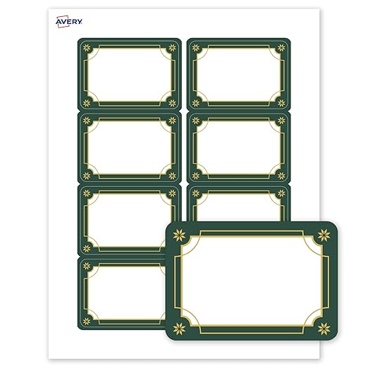 Avery Printable Christmas Adhesive Name Badges, Rectangle, 2-1/3" x 3-3/8", Pre-Printed Green & Metallic Gold Border Design, Matte White, Laser & Inkjet Compatible, 80 Total