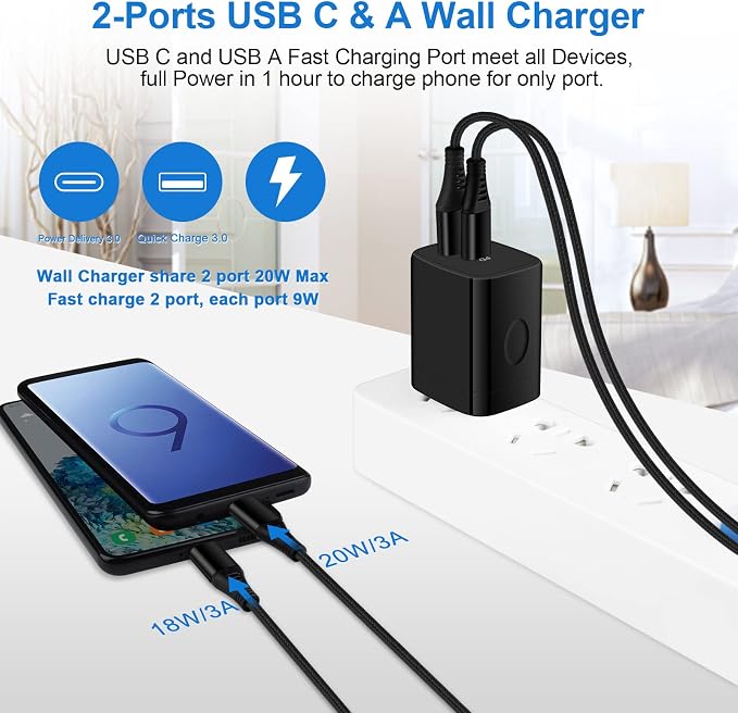 Samsung Android Phone Charger Fast Charging for Galaxy A17 A16 S25 Ultra S24 A15 A13 A14 5G A53 S22 FE S21 A25 A23 20W Power Wall Charger Plug38W USB C Cigarette Lighter Adapter3+6FT Type C Cable