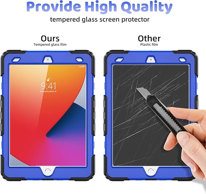 BLOSOMEET Case for iPad 8th 9th Generation 2020 2021 10.2 Inch with Tempered Glass Screen Protector & Pencil Holder,Rugged iPad 7th Gen 10.2 Case Cover 2019 w/Stand Hand Shoulder Strap,Blue