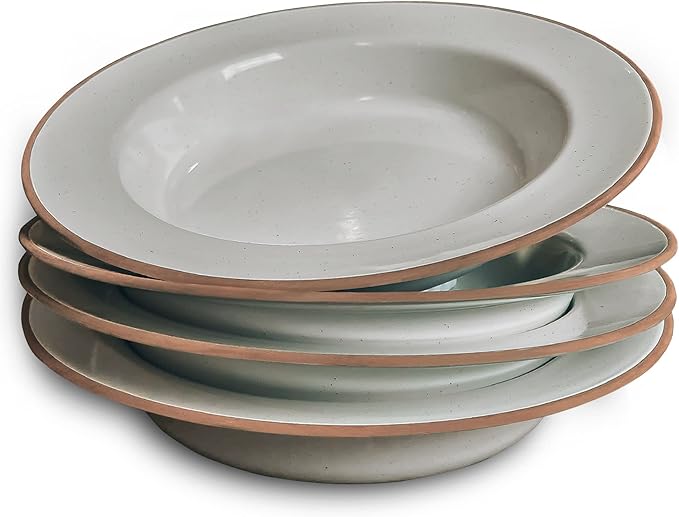 MORA Ceramic Wide Rimmed Soup Bowl 25oz, Set of 4 - For Pasta, Italian, Spaghetti, Dipping Bread, Fancy Dinner etc. Large Plate/Bowls Hybrid For Everyday & Restaurant Use, Large Flat Rim - Earl Grey