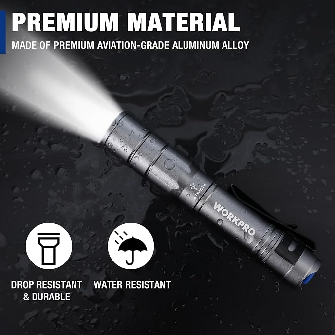 WORKPRO Rechargeable Pen Light 2 Pack Ultra-Compact EDC Flashlight Black | Mini Flashlight Pocket Flashlight with Clip Memory Function and 2 x USB C Cable Included