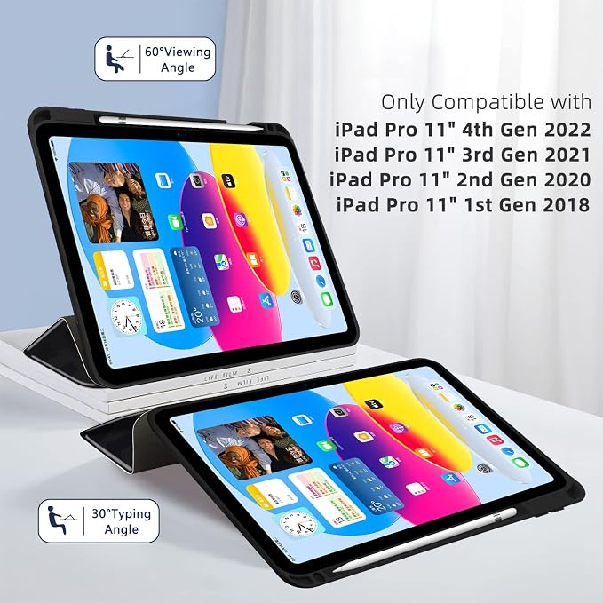 for iPad Pro 11 Inch Case 2022(4th Gen)/2021(3rd Gen)/2020(2nd Gen) with Pencil Holder TPU Shockproof Frame and Protective Leather Cover [Auto Sleep/Wake] Black Cow