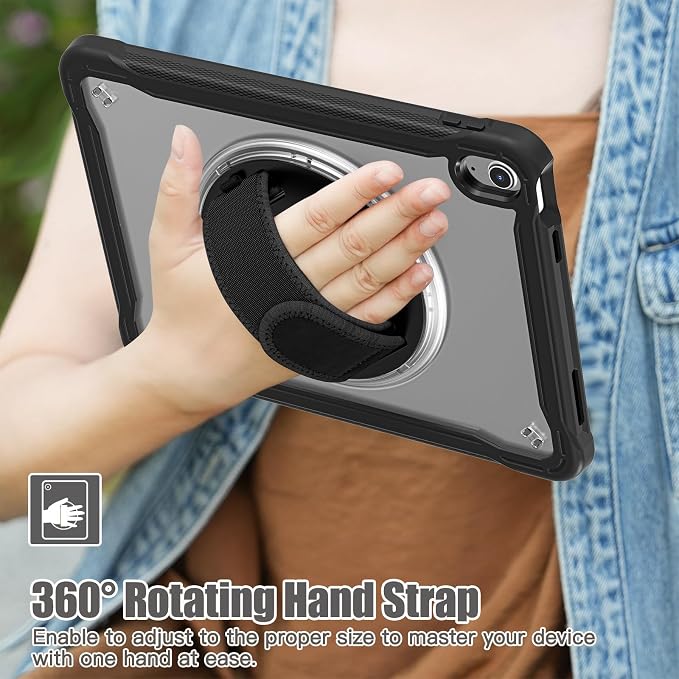 Case for iPad (A16) 11th/10th Generation 2025/2022 11/10.9 inch Rugged Shockproof Protective Cover with Screen Protector 360° Rotating Hand Strap&ampStand Pencil Holder Black