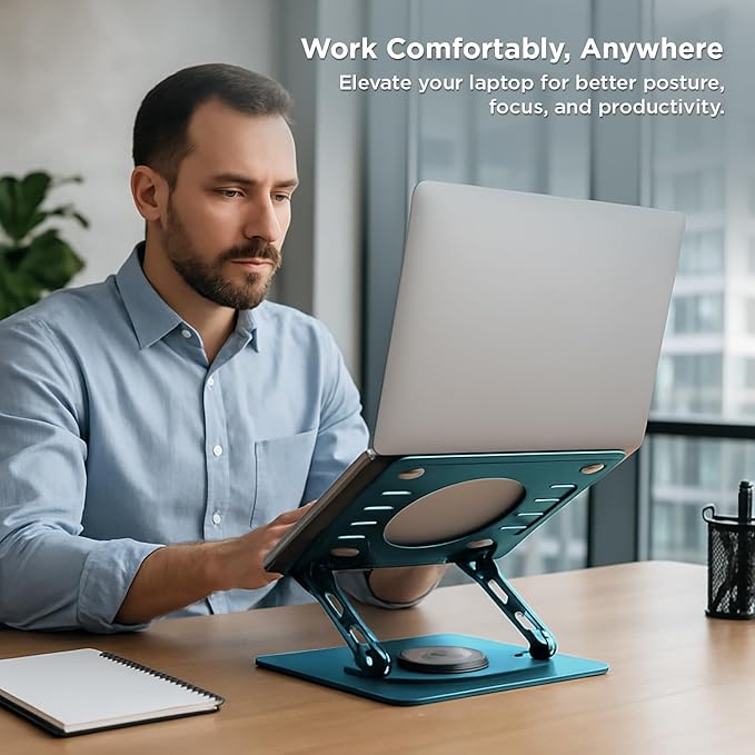 Uncaged Ergonomics Swivel Laptop Stand for Desk, Adjustable Computer iPad Stand for Desk w/ 360 Rotation, Portable Laptop Holder for Home Office Ergonomic Supplies (Ocean Blue)