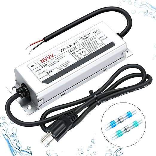 12V LED Driver 100W Waterproof IP68 Power Supply Low Voltage Transformer Adapter AC 100V-120V to 12V DC Converter for LED Lights for Bedroom, Indoor Outdoor Lighting Built-in Active PFC Function