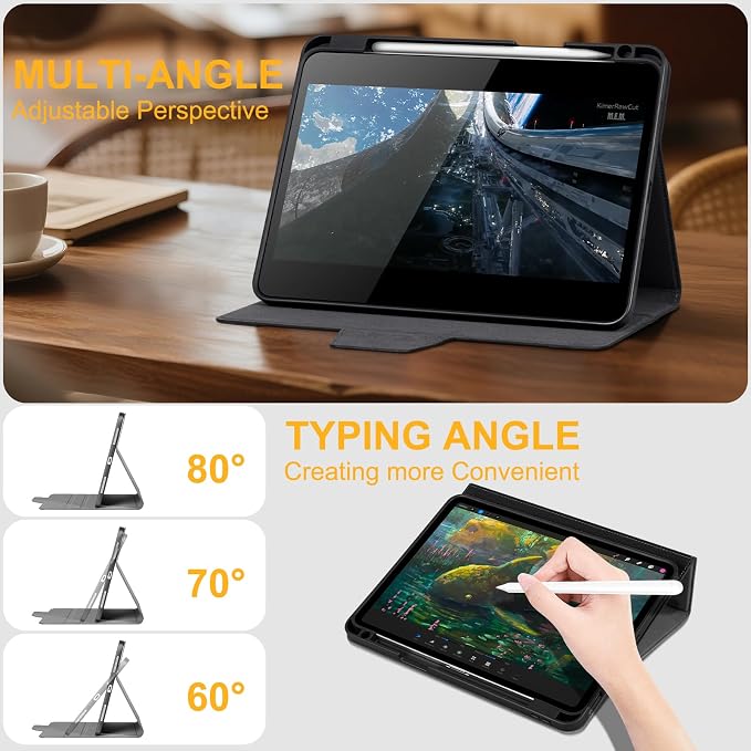 Case for iPad Air 11 M4/M3/M2 5th/4th Gen 10.9 Black | Genuine Leather Pencil Holder Magnetic Closure Smart Cover Auto Wake/Sleep Adjustable Stand