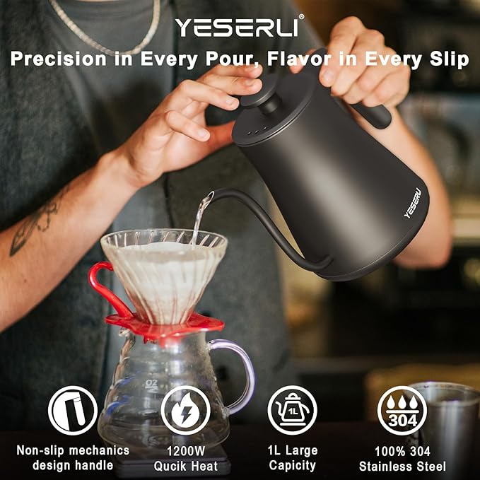 YESERLI 1200W Gooseneck Kettle with ±1℉ Temperature Control,Pour Over Electric Kettle for Coffee & Tea,Digital Display,4 Temp Preset,12H Keep Warm,100% Stainless Steel,Rapid Heating,1L,Matte Black