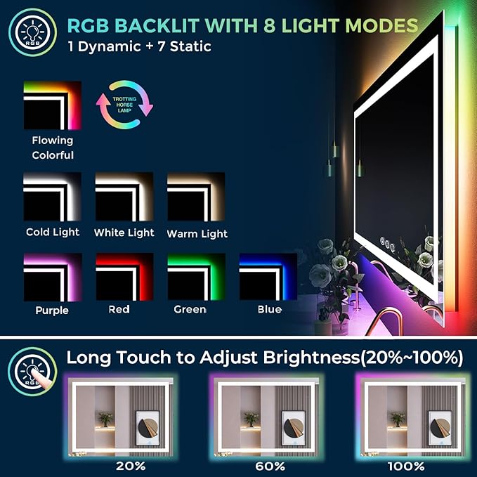 YEELAIT 40x30 Inch RGB LED Bathroom Mirror Front Light and RGB Backlit Lighted Vanity Mirror for Bathroom Wall Mounted Dimmable Anti Fog Memory Shatter-Proof IP54 Waterproof Horizontal/Vertical