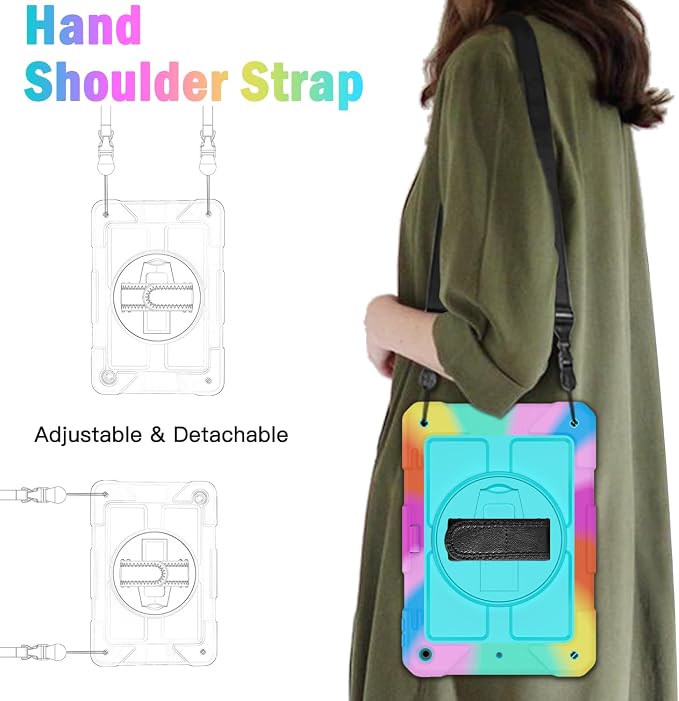 BMOUO for iPad 9th/8th/7th Generation Case 10.2 Black | Shockproof Rotating Stand Shoulder Hand Strap iPad 9th/8th/7th Generation Case with Pen Holder for iPad 10.2“ 2021/2020/2019