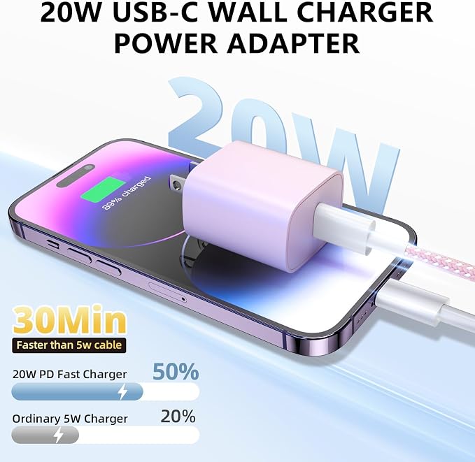Phone Charger Fast Charging 4 Pack 20W USB C Wall Charger Block with Cable | 6FT Charging Cable Type C Fast Charge Block Compatible with Phone 14/14 Pro Max/13/13 Pro/12/12 Pro/11/11 Pro/XS Pad More