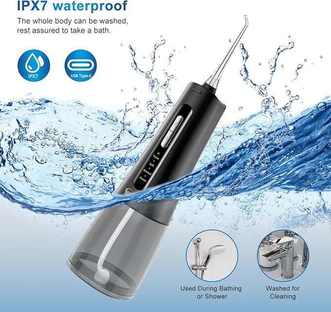 JNGOODS Cordless Water Dental Flosser Oral irrigator,JNGOODS 300ml Rechargeable Water flosser for Teeth IPX7 Waterproof 4 Modes Portable Oral Irrigator with 4 Jet Tips, Travel Home use (Black)