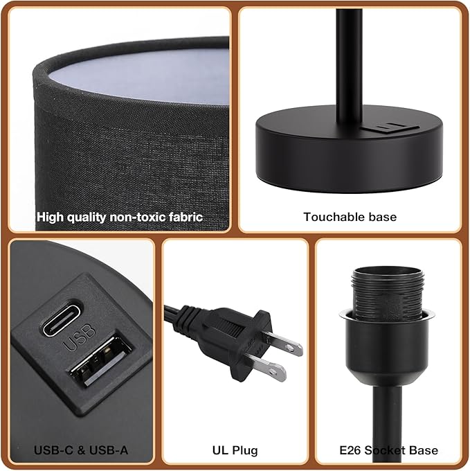 Dicoool Black Touch Bedroom Lamp with USB - 3 Way Dimmable Table Lamp for Bedroom, Nightstand Lamp with Black Charging Station for Desk Dorm, Office, Boy Kids Room, Small