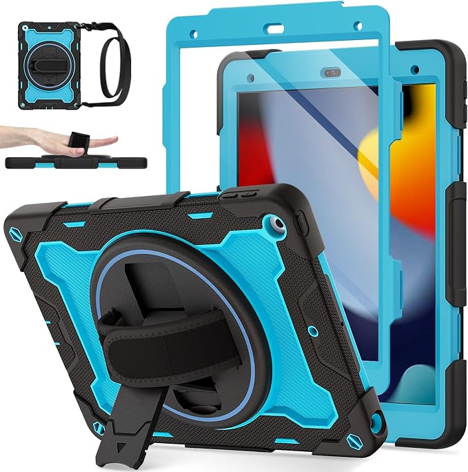 for iPad 9th 8th 7th Gen Case 10.2 inch with Screen Protector | 360° Rotating Kickstand Hand Strap Shoulder Strap Heavy Duty Military Grade - Kids Friendly