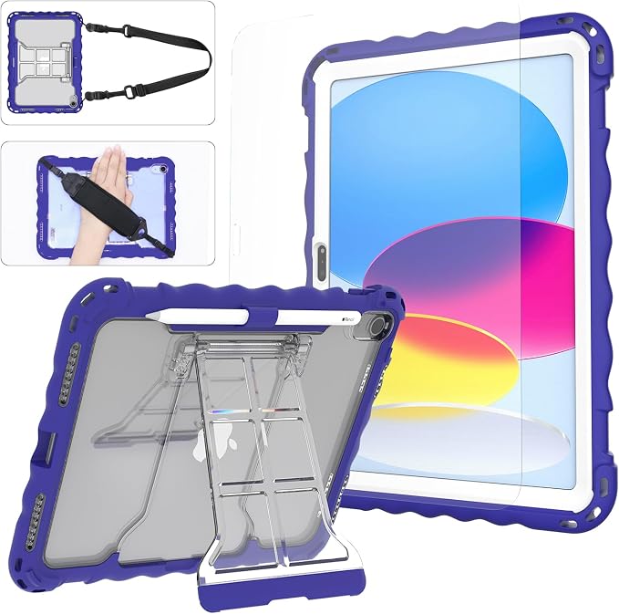 iPad (A16) 11th Generation 2025 11-inch/10th Generation 2022 10.9-inch Protective Case Silicone Shockproof Case with Screen Protector Pencil Storage Slot Shoulder Strap Handle Stand (A-Blue)