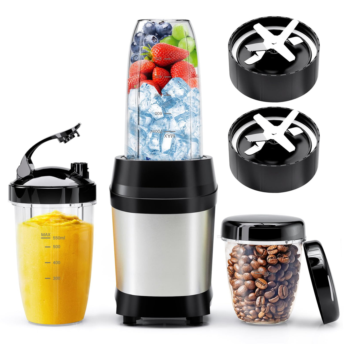 Nahida Blender for Smoothies, 1200W Smoothie Blender for Ice Crushing, Blenders with (2) 6-Fin Blades, Personal Blenders for Kitchen with 23oz, 32oz, 37oz Easy Go Cups for Juices, Silver