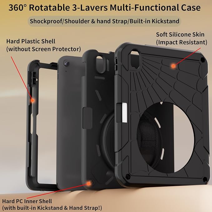 for iPad (A16) 11th/10th Generation Case 2025/2022 (11″/10.9″) Sturdy Heavy Duty Full-Body Shockproof Protective Case Rotating Stand Hand/Shoulder Strap (Black)