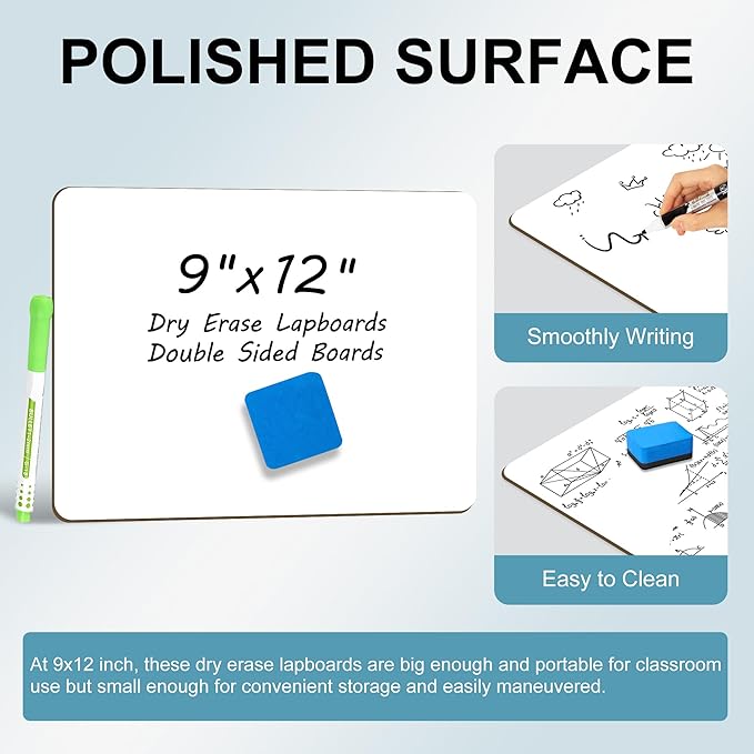 6 Pack Small White Board Dry Erase Classroom Pack Boards 9" x12” Personal Whiteboards for Teachers Lapboards Mini Whiteboard Erasers Included Colors pens