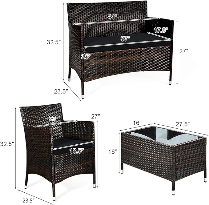 Tangkula 8 PCS Patio Rattan Conversation Set, Outdoor Wicker Furniture Set with Tempered Glass Coffee Table &Thick Cushion, Rattan Chair Wicker Set for Garden, Lawn, Poolside and Backyard (2, Black)