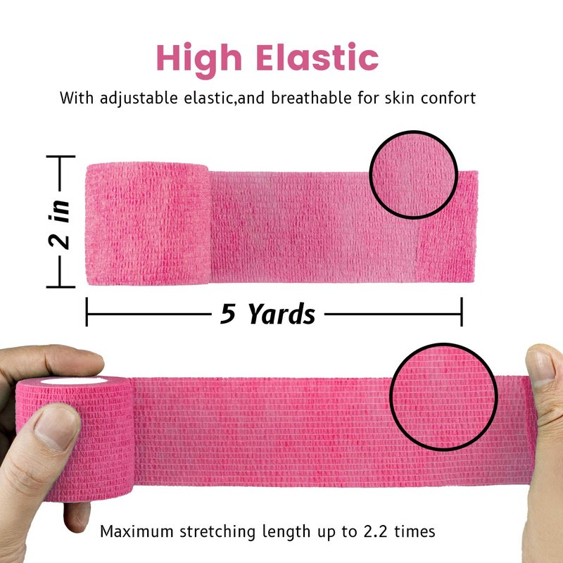FRESINIDER 9 Rolls Self Adhesive Wrap Athletic Tape Gauze, Breathable Elastic Cohesive Bandage for Sports Injury & Pet (7 Pcs 2" x 5 Yards + 2 Pcs 1" X 5 Yards) (Pink)