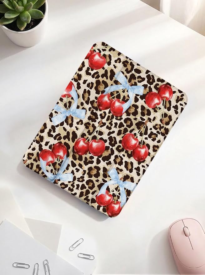 Case for iPad 9th/ 8th/ 7th Generation Case 10.2&amp10.5 Inch (2021/2020/2019 Release) Slim Lightweight Soft Trifold Back Cover with Pencil Holder &amp Auto Sleep/Wake Cover Cherries Cheetah Bows