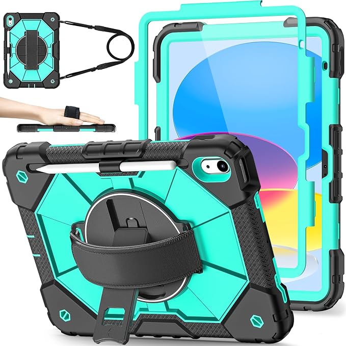 Nitupai Case for iPad 10th Generation 10.9 Inch 2022 / iPad A16 Case 11 Inch 2025 with Screen Protector 10th Gen Cover for Kids Pencil Holder 360° Rotating Stand Shoulder Strap Black Black