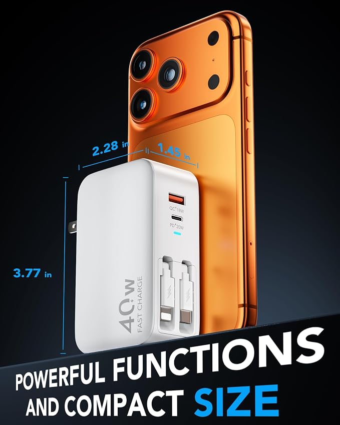 4-in-1 Retractable USB C Wall Charger40W Fast Charging for Multi-Device | Retractable ChargerFoldable PlugExtra USBC &amp A PortsDual 35.5in CablesMultiple Devices Charger for iPhone/Galaxy/Pixe