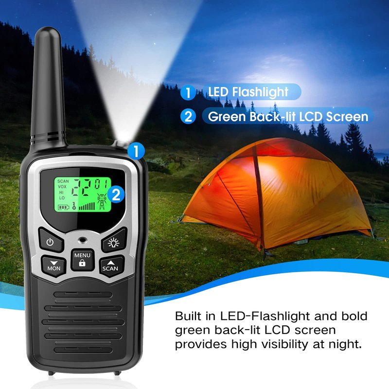 Walkie Talkies with 22 FRS Channels, MOICO Walkie Talkies for Adults with LED Flashlight VOX Scan LCD Display, Long Range Family, Radios for Hiking Camping Trip (Silver, 4 Pack)