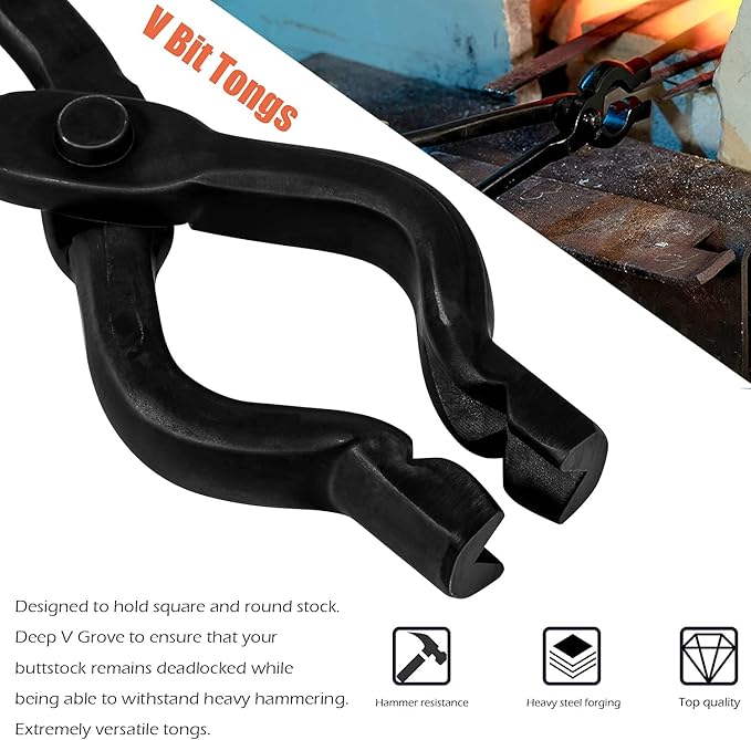 Blacksmith Tongs Set, 2-Piece Wolf Jaw & V-Bit Forging Tongs