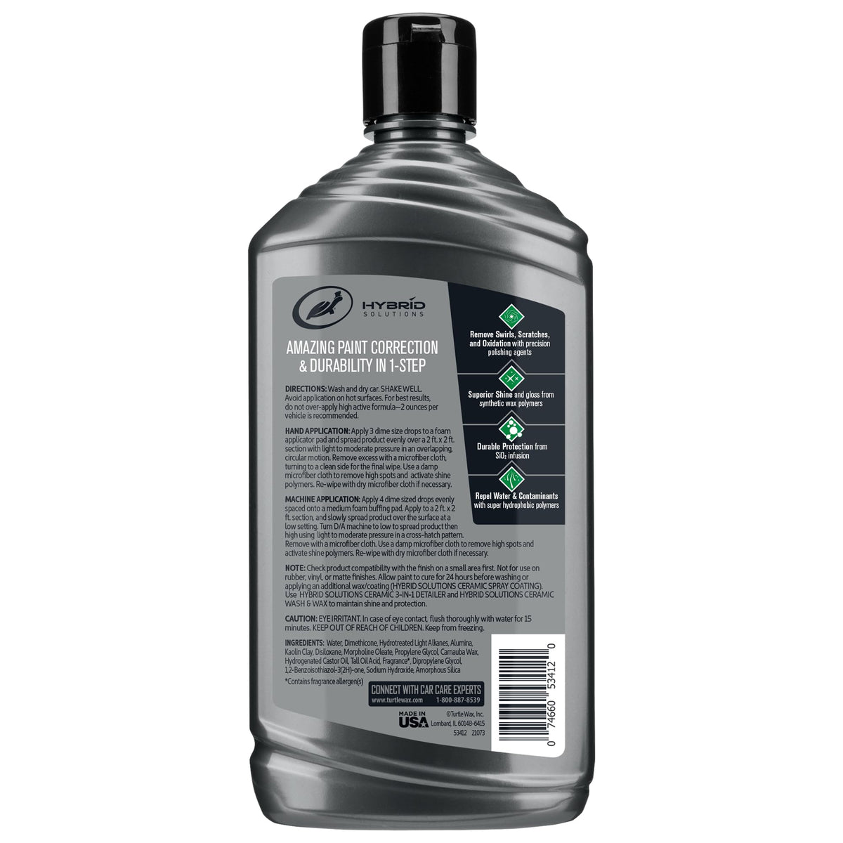 Turtle Wax Hybrid Solutions Ceramic Car Polish and Wax, Light Scratch Remover, Durable Paint Protection, Extreme Water Beading, High Gloss Shine, Hand or Machine Polisher Use, 14 oz (Pack of 1)