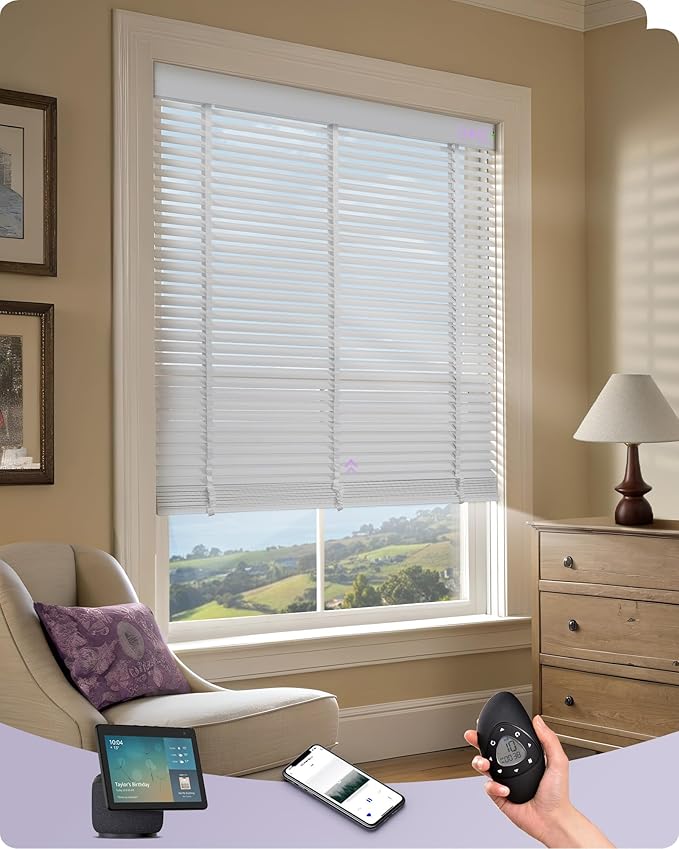 Graywind Motorized Solid Wood Blinds 90% Blackout Smart Electric Horizontal Blind Remote Rechargeable for Smart Home Office, Custom Size (Basswood White)