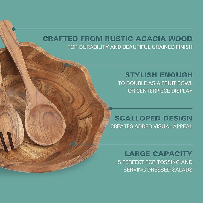Gibson Home Sandhurst 3-Piece Acacia Wood Salad Bowl Set – 12-Inch Scalloped Serving Bowl with Wooden Salad Servers – Natural Rustic Finish for Dining, Entertaining, or Gifting