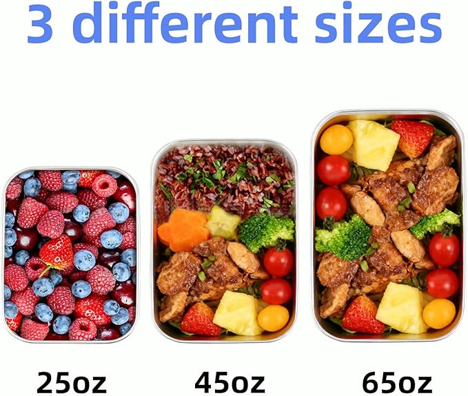 Kichwit Stainless Steel Lunch Box Container with Lid, Pack of 3 Bento Snack Boxes for Work, Travel or Picnics, Dishwasher Safe, 25oz, 45oz, 65oz
