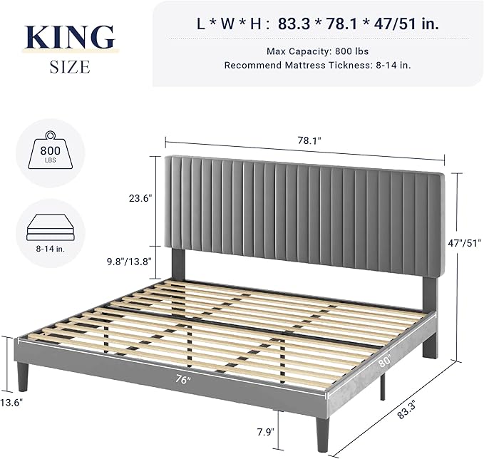 Allewie King Bed Frame, Velvet Upholstered Platform Bed with Adjustable Vertical Channel Tufted Headboard, Mattress Foundation with Strong Wooden Slats, Box Spring Optional, Easy Assembly, Grey