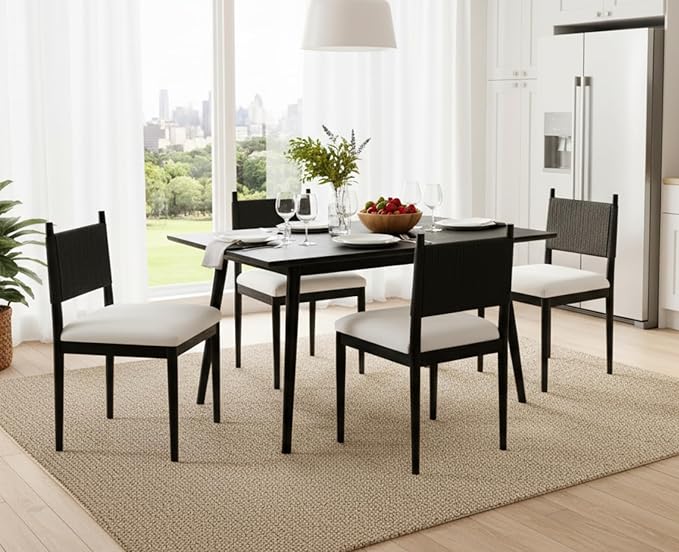 CIMOTA Black Dining Chairs Set of 2, Mid Century Modern Upholstered Dining Room Chairs with Woven Back, Armless Kitchen Chairs with Solid Wood Legs,Linen Beige