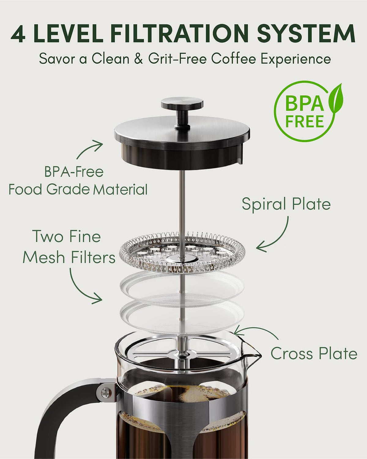 BAYKA French Press Coffee Maker, Easy to use,Large 304 Stainless Steel Coffee Press, Cold Brew Heat Resistant Thickened Borosilicate Coffee Pot for Camping Travel Gifts, 34 Ounce, Dark Pewter