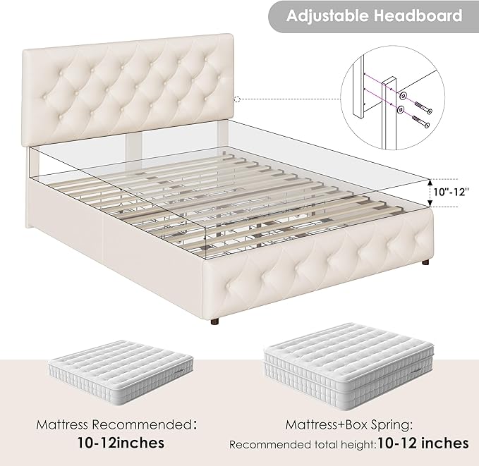 Keyluv Modern Upholstered Bed Frame with 4 Drawers, Button Tufted Headboard Design, Solid Wooden Slat Support, Easy Assembly, Fabric, Beige, Full Size