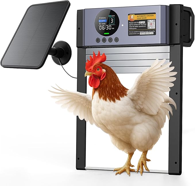 Automatic Chicken Coop Door – Solar Powered Auto Chicken Door with Light Sensor, Timer & Manual Control, 2500 mAh Battery +USB-C Backup, Aluminum,Waterproof, Anti-Pinch Safety, Fits Most Poultry Coops