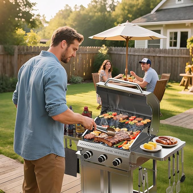 Electactic Propane Gas Grill, 3-Burner 24,000 BTU Stainless Steel BBQ Grill with Foldable Shelf for Outdoor Barbecue and Cooking