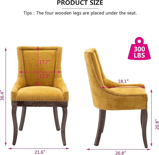 Farmhouse Dining Chairs Set of 6, Upholstered Fabric Dining Room Accent Chairs with Wood Legs & Bronze Nailhead, High Wingback Kitchen Chairs for Living Room Hotel Apartment, Golden Yellow