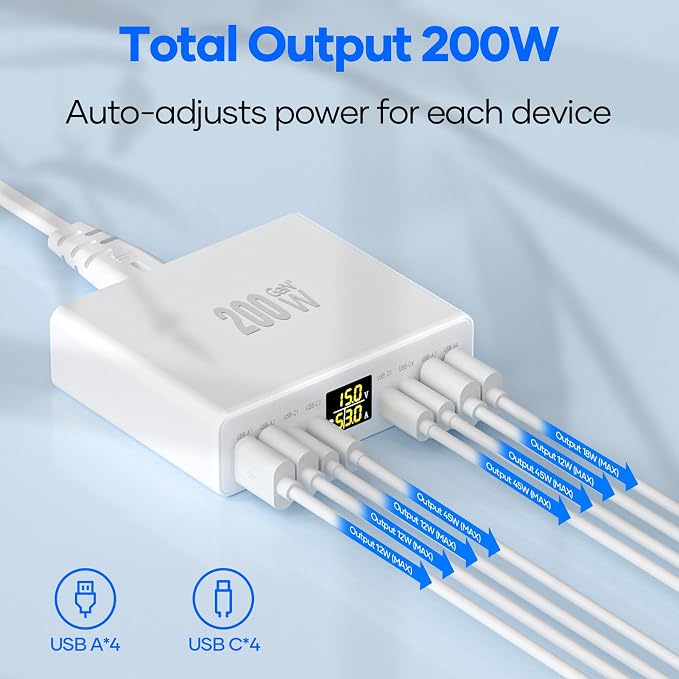 200W USB C Charger 8-Port with LED Display USB Charging Station | GaN Multiport Fast Charger Block PD QC 3.0 PPS USBC Charging Hub Compatible with iPhone Samsung Mac Laptop Pad Matte White