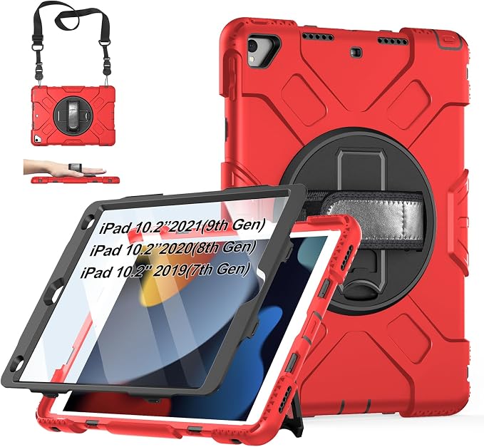 Case for iPad 9th/8th/7th Generation 10.2 Inch Black | Shockproof Protective Silicone Cover with Rotatable Stand-Screen Protector-Handle- Shoulder strap- Pencil holder