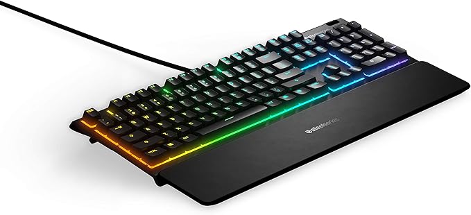SteelSeries Apex 3 RGB Gaming Keyboard – 10-Zone RGB Illumination – IP32 Water Resistant – Premium Magnetic Wrist Rest (Whisper Quiet Gaming Switch) (Renewed)
