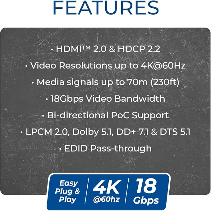 OREI 4K HDMI Extender Balun UltraHD 4K @ 60Hz 4:4:4 Over Single CAT6/7 Cable with HDR & IR Control-Ethernet Up to 165 ft- Power Over Cable (UHD-IPC165-K)