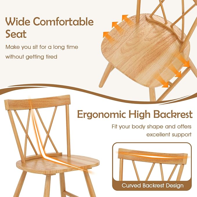 Giantex Wooden Dining Chairs Set of 4, Farmhouse Windsor Kitchen Chairs w/Cross Back, Wide Seat, Rubber Wood Frame, Armless Side Chairs for Kitchen, Dining Room, Living Room, Restaurant, Natural