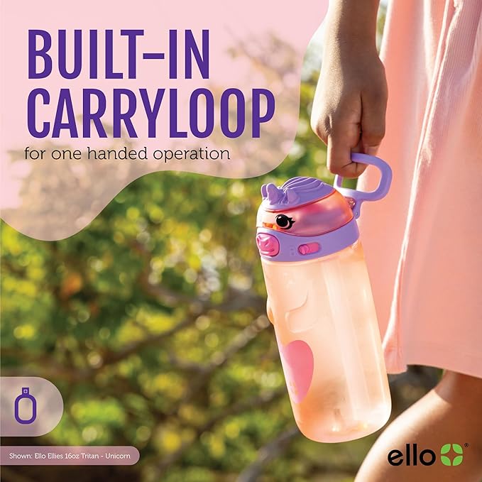 Ello Ellies 16oz Plastic Kids Water Bottle with Straw and Built-in Carrying Handle and Leak-Proof Locking Lid for School backpack, Lunchbox and Outdoor Sports, Unicorn