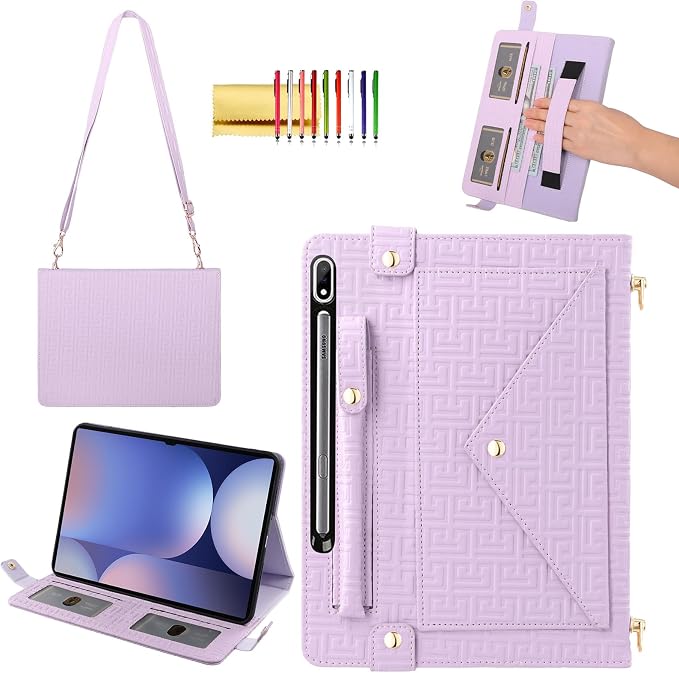 Handbag Case for Samsung Galaxy Tab S10 FE/S9 FE 10.9/S9/S8/S7 11 Techcircle Folio Stand Crossbody Wallet Protective Cover with S Pen Holder &amp Card Slots Hand Strap &amp Shoulder Strap Black